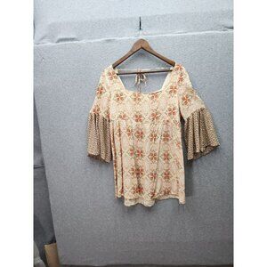 Umgee Womens Boho Floral Print Bell Sleeve Tunic Top S/M Beige & Orange